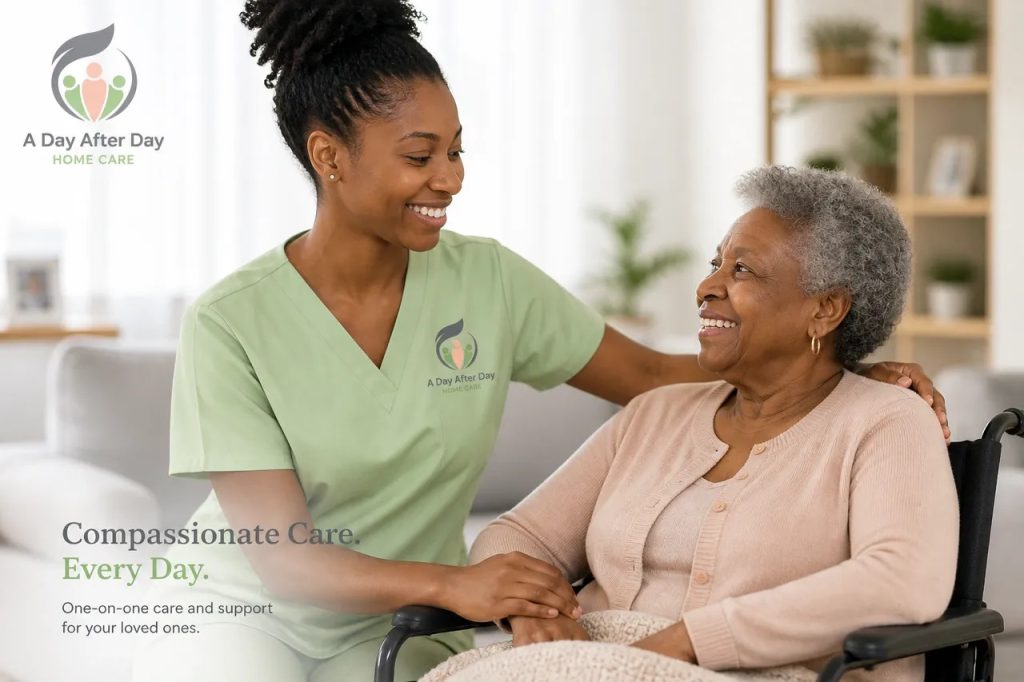 Caregiver in green scrubs smiling with a senior woman at home